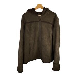 Utex Design Womens size XL Brown Micro Suede Sherpa Zip Up Hooded Coat Jacket